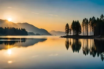 Photo sur Plexiglas Europe du nord As the sun sets over the lakeside, a natural landscape unfolds in northern Europe. It includes reflections, a blue sky, and golden sunlight, creating a scenic view during the sunset. 