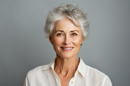 Senior woman portrait, mature grey haired beautiful smiling lady with light background, studio shooting