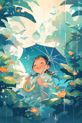 Obraz na płótnie Canvas calendar set with children holding umbrellas illustrating among raining flowers