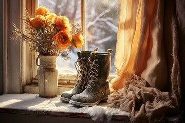 a pair of winter boots and a scarf on a frosty window sill. Generative AI