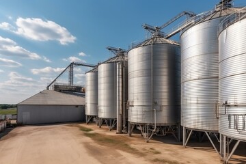 Panoramic view of agricultural silos at a processing plant for agro-processing. Generative AI - obrazy, fototapety, plakaty