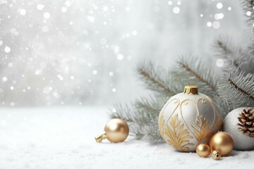 Naklejka na ściany i meble Festive decoration of Christmas ornaments and fir branches on a light background. Generative AI