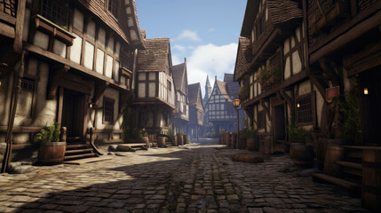 Fototapeta na wymiar Epic medieval cityscape during gaming action.