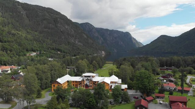 Aerial View Of Dalen Hotel - Oldest Wooden Hotel In Telemark, Norway. pan right