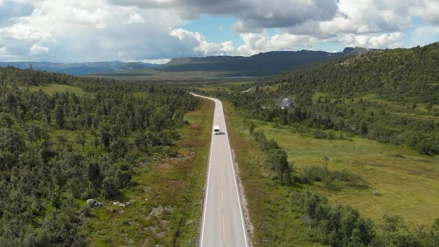 Vehicle Driving On Setesdal Road During Summer In Agder County, Norway. aerial