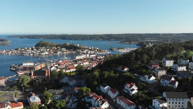 Panorama Of Islands And Fjord From Coastal Town Of Kragero In Telemark, Norway. aerial pan right