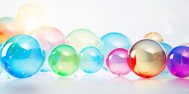 Colorful transparent christmas balls on white background. Illustration for desing, print. Copy space