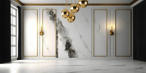 Luxurious and Minimalist Interior with Multiple Objects and Marble Wall Background