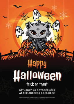 Creative horror halloween poster and flyer template with black cat illustration