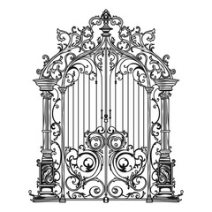 ANTIQUE METAL GATE. Black on white sketch of wrought iron bi-fold garden doors. Church gate with scrolls and leaves.