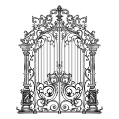 Fotobehang ANTIQUE METAL GATE. Black on white sketch of wrought iron bi-fold garden doors. Church gate with scrolls and leaves. © Анна Таранкова