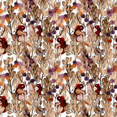 Autumn bouquet: berries and leaves endless motif. Digital art and watercolour, ink texture. Seamless pattern for packaging, scrapbooking, textile. Modern art-deco.  - 654148661
