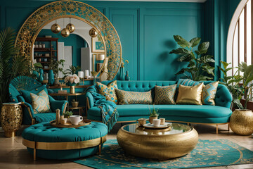 Luxury Living Room, Teal and Gold Boho Interior Design, turquoise sofa with round table and...