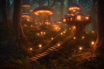 Obraz premium In a mystical forest, colossal mushrooms with spiral staircases lead to treetop libraries, where owls and foxes exchange stories in the soft glow of firefly lanterns.