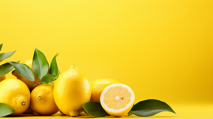 Lemons fruits. Juicy slice of lemon on yellow background, panoramic image. Made with generative ai