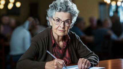 Anxious elderly person planning a charity fair, expressed through his worried gaze at a clipboard.