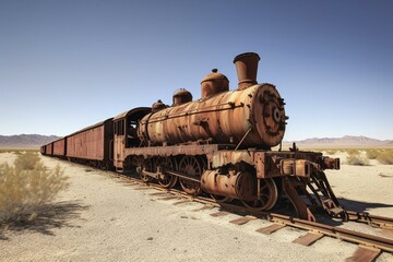 Rusty train abandoned in the desert. Generative AI