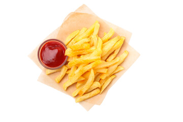 PNG French fries with sauces isolated on white background.