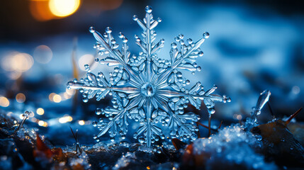 Fototapeta na wymiar Intricate Snowflake Macro Shot on Frozen Ground: A Christmas Wallpaper Concept