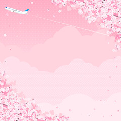 Fototapeta na wymiar 満開の桜と飛行機　背景素材（正方形）