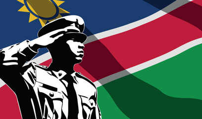 Silhouette of soldier with Namibia flag on background.