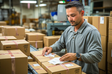 Concentrated man meticulously labeling a package for shipment. - obrazy, fototapety, plakaty