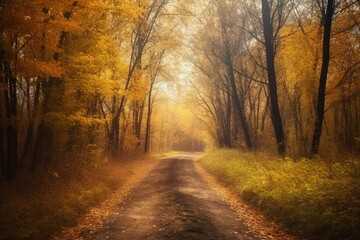 Autumn forest road with yellow leaves. Generative AI
