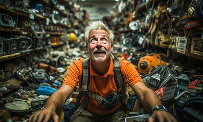 Obraz premium Engrossing scene of a bewildered man amidst an extensive hardware store assortment.