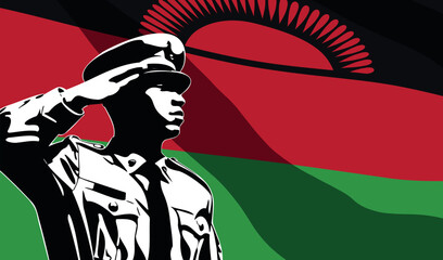 Silhouette of soldier with Malawi flag on background.