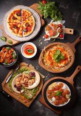 a group of plates that include pizza and salad alongside dishes which belong to a chef