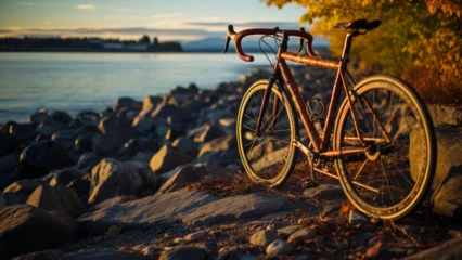 Papier Peint photo Vélo masterpiece photography of an exquisite hand made unexpected custom minimalist racing bicycle made from titanium, carbon fiber and leather, on the sand at sunset