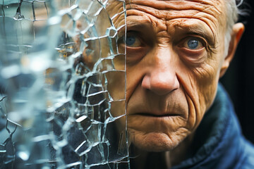 Touching portrayal of a melancholic senior seen through distorted glass, embodying sorrow and isolation.