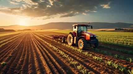 Schilderijen op glas Farmer in tractor preparing land with seedbed cultivator. © visoot