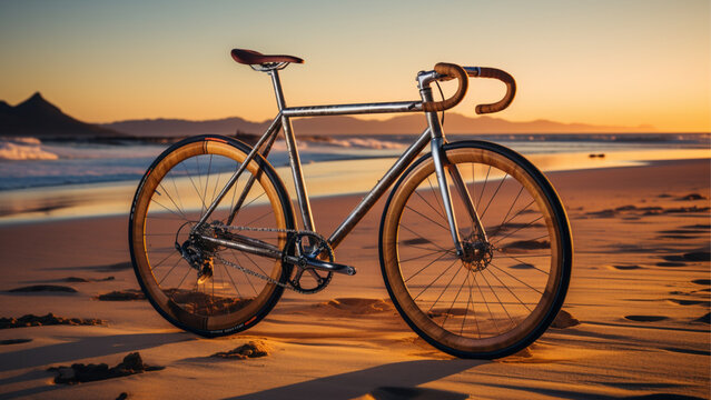 masterpiece photography of an exquisite hand made unexpected custom minimalist racing bicycle made from titanium, carbon fiber and leather, on the sand at sunset