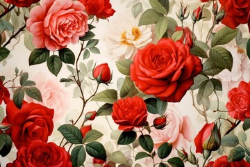 Stunning floral wallpaper with vibrant red roses. Elegant and colorful background. Generative AI