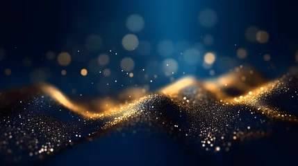 Poster abstract background with Dark blue and gold particle. Christmas Golden light shine particles bokeh on navy blue background. Gold foil texture. Holiday concept. © Prasanth