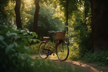 Romantic vintage bike for two in park: captured by drone with stunning perspective – epitomizing summer relaxation. Generative AI