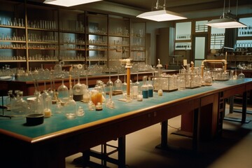 a university chemistry lab with a periodic table. Generative AI - obrazy, fototapety, plakaty