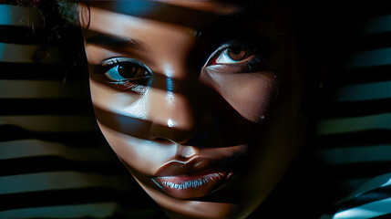 Dramatic human face with shadow patterns creating an intriguing expression and mood. - obrazy, fototapety, plakaty