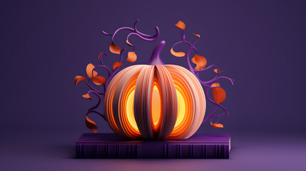 Halloween pumpkin with magic book on purple background