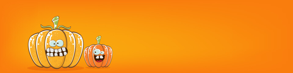 Funky Halloween or thanksgiving day horizontal banner with vector funny cartoon cute smiling friends pumpkins isolated on orange background.