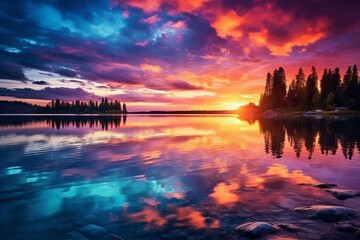Naklejka premium Stunning view of the beautiful lake with vibrant sunset colors reflecting on the calm water. Generative AI