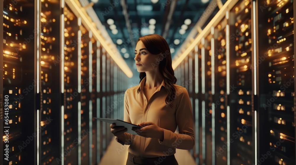 Poster female technician working in server room or supercomputer electricity backup room.