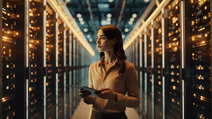 Female Technician working in server room or supercomputer electricity backup room.