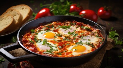 Tasty and healthy shakshuka in frying pan. Eggs poached in tomato pepper sauce