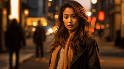 Stylish urban portrait capturing contemporary fashion in the warm evening glow of city lights