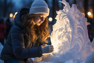 talented ice sculptors creating intricate sculptures at a winter festival or competition
