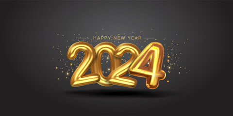 Fototapeta Happy New Year 2024, 3d Golden numbers on black background. Greeting card and poster banner design.  obraz