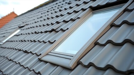 Attic window on house roof top covered with ceramic shingles, Skylight window on roof. - obrazy, fototapety, plakaty