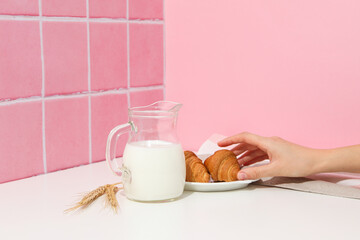 Fototapeta Breakfast tasty food concept - milk with bakery products obraz